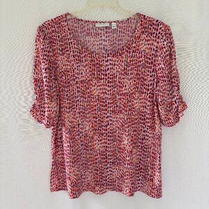 SUSAN GRAVER Magenta Papaya Print Liquid Knit Ruched Sleeve Top